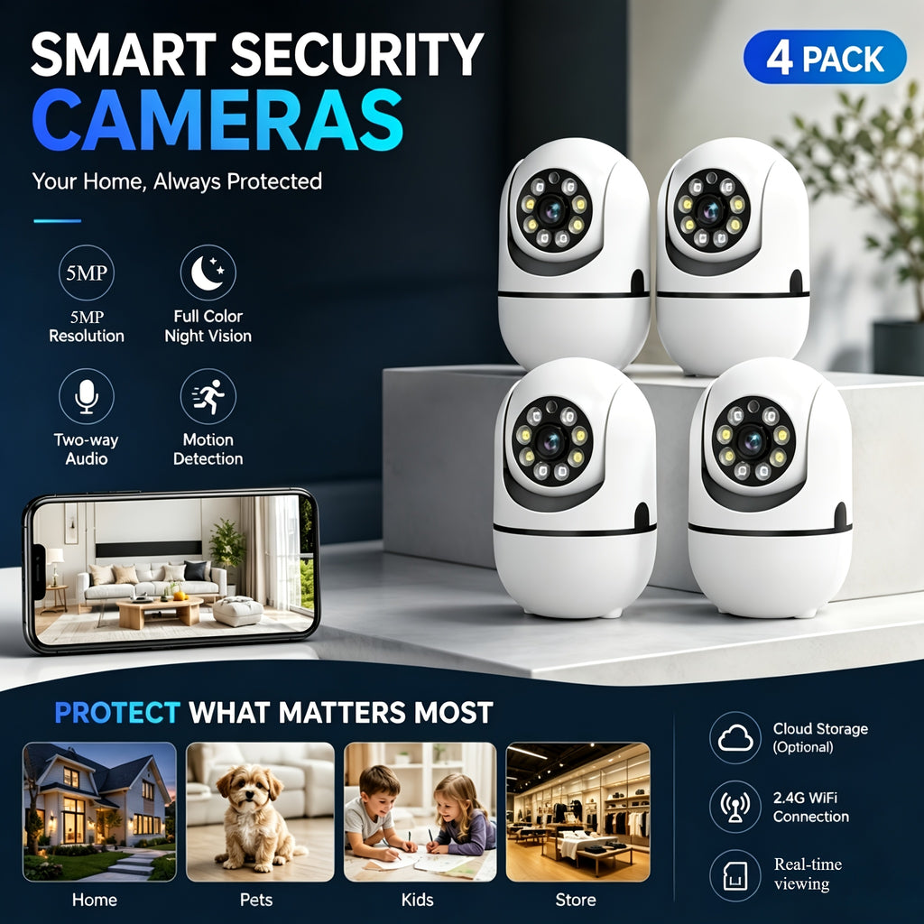 5MP WiFi Security Camera 4-Pack by PHANSATIM with USB Cables, 2.4GHz PTZ Motion Tracking, Color Night Vision, Spotlight, Siren and Two-Way Audio