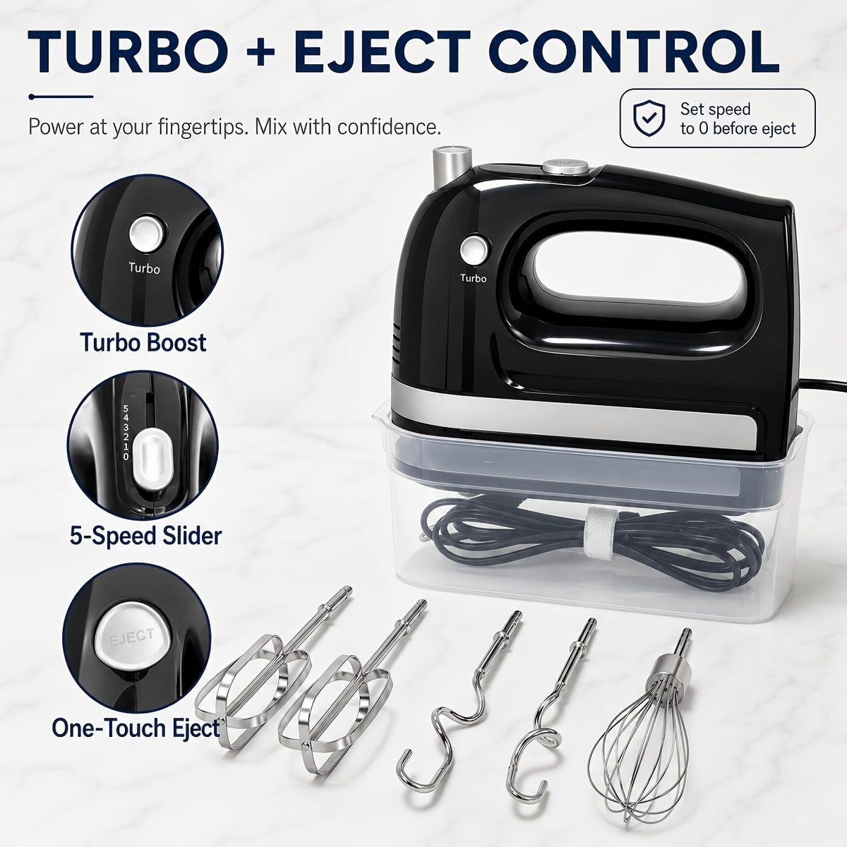 400W Hand Mixer with Five Speeds, Turbo Boost and Eject Button, Listed Five Stainless Steel Attachments and Five Color Options for Cake Batter, Eggs and Cream