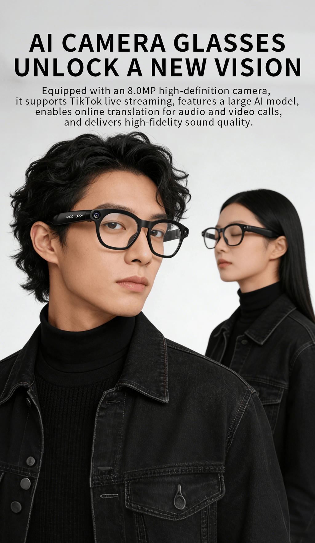 8MP-Labeled AI Camera Smart Glasses in Black with Video and Audio Recording, Bluetooth Calls and Music, Touch Controls and Listed Translation Features