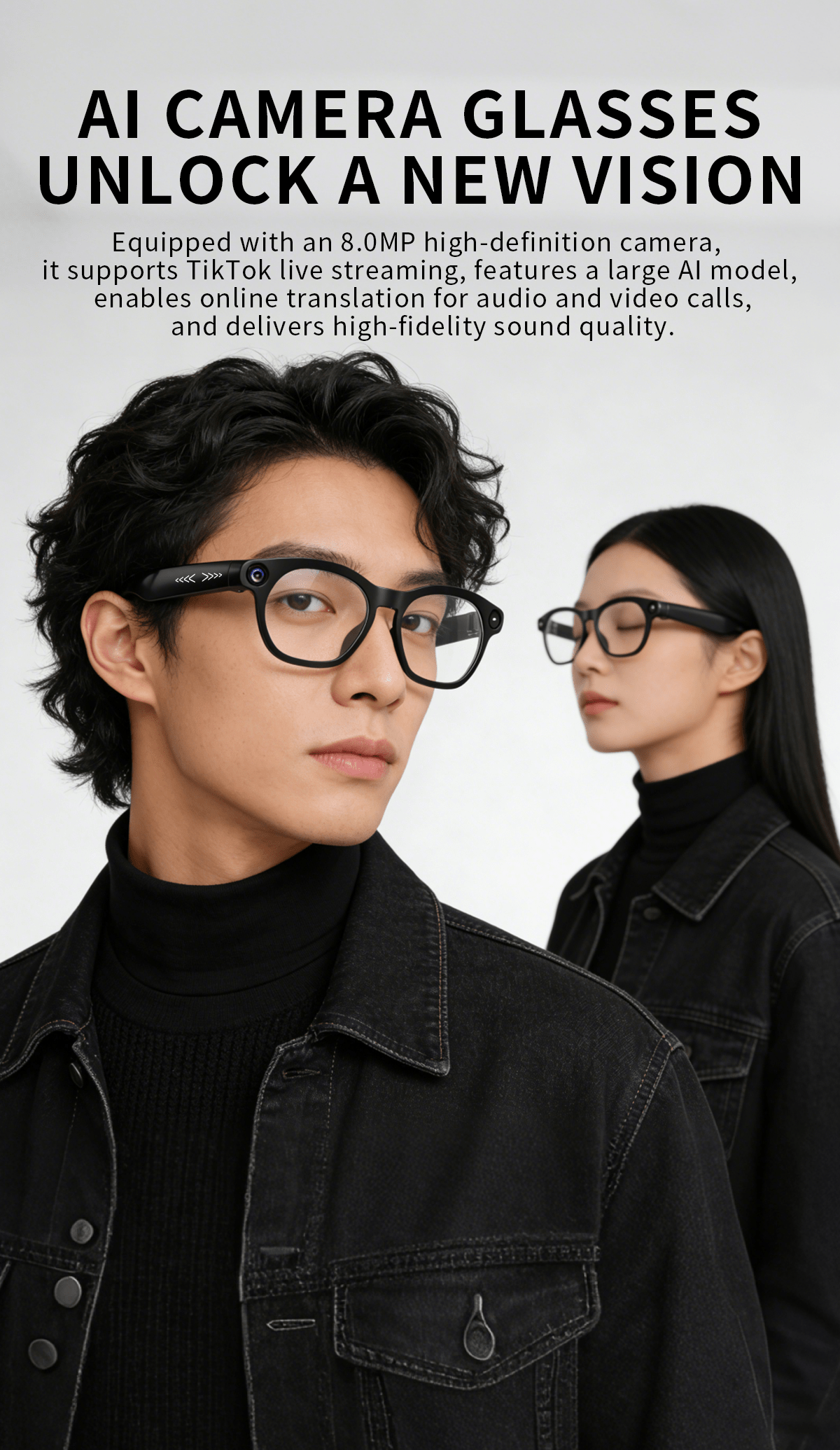 8MP-Labeled AI Camera Smart Glasses in Black with Video and Audio Recording, Bluetooth Calls and Music, Touch Controls and Listed Translation Features
