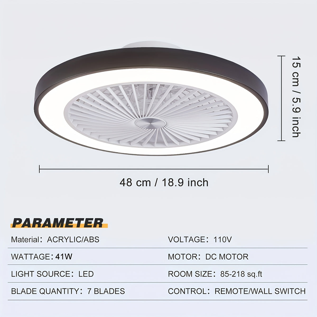 Enclosed Ceiling Fan with Light and Remote, 20-Inch Design with 1800K Amber Nightlight, Dimmable 3000K-6500K Lighting and Six-Speed Reversible DC Motor