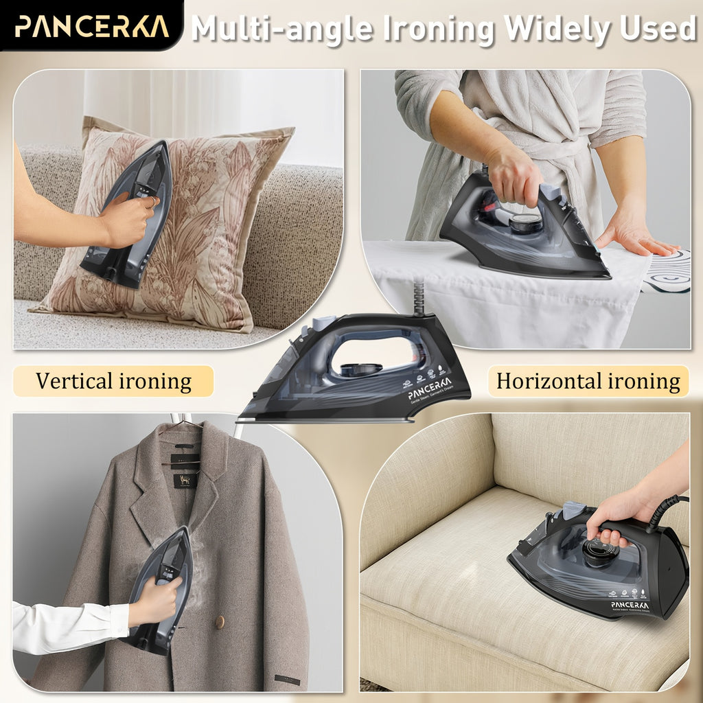 Adjustable Thermostat Steam Iron by PANCERKA, Black Clothes Iron with Listed 1200W Power, Nonstick Soleplate, Variable Steam Control and Overheat Protection Wording