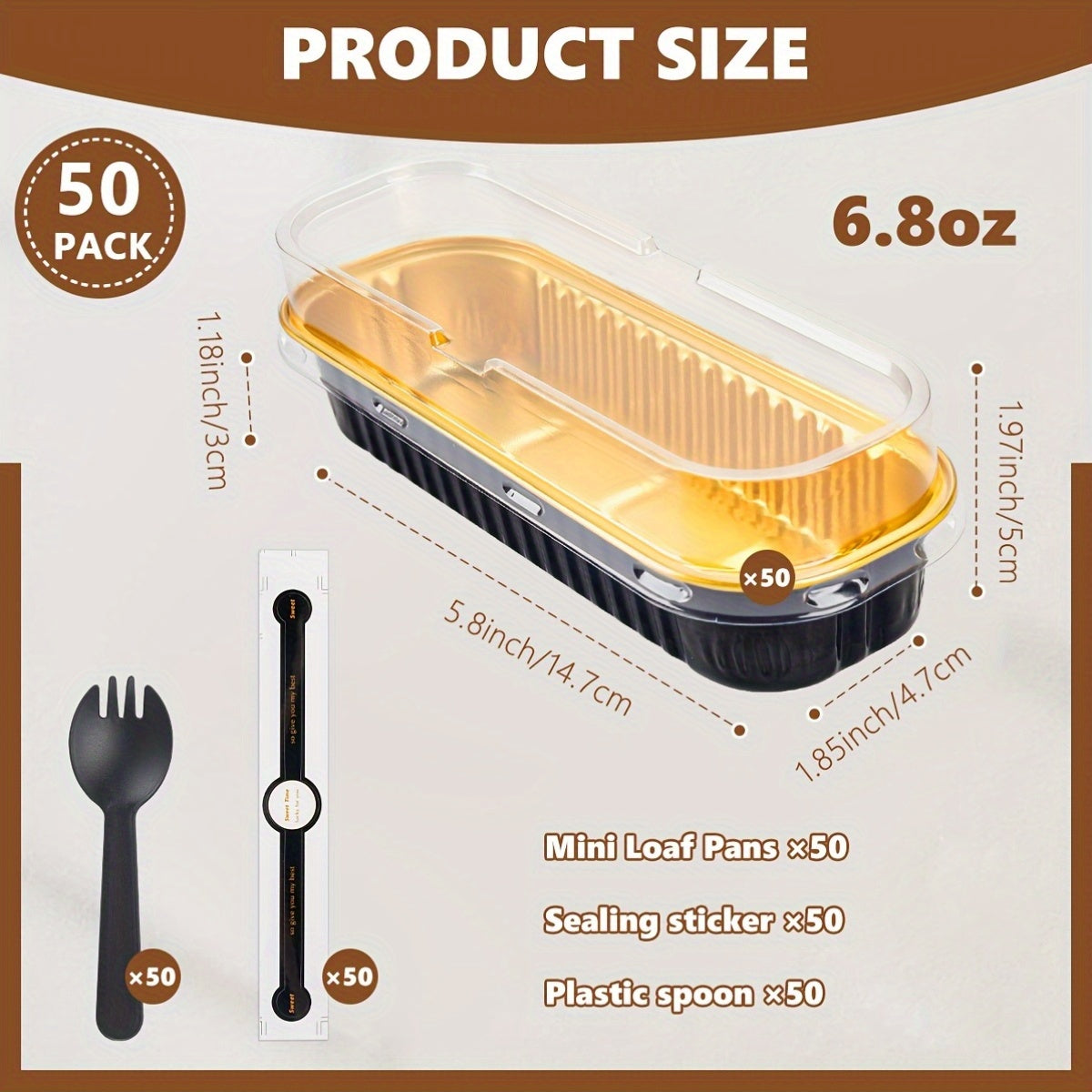 Rectangular Mini Cake Pans with Lids and Spoons, Listed 50-Pack of 6.8oz Aluminum Foil Containers in Black Golden for Individual Cheesecakes and Party Desserts
