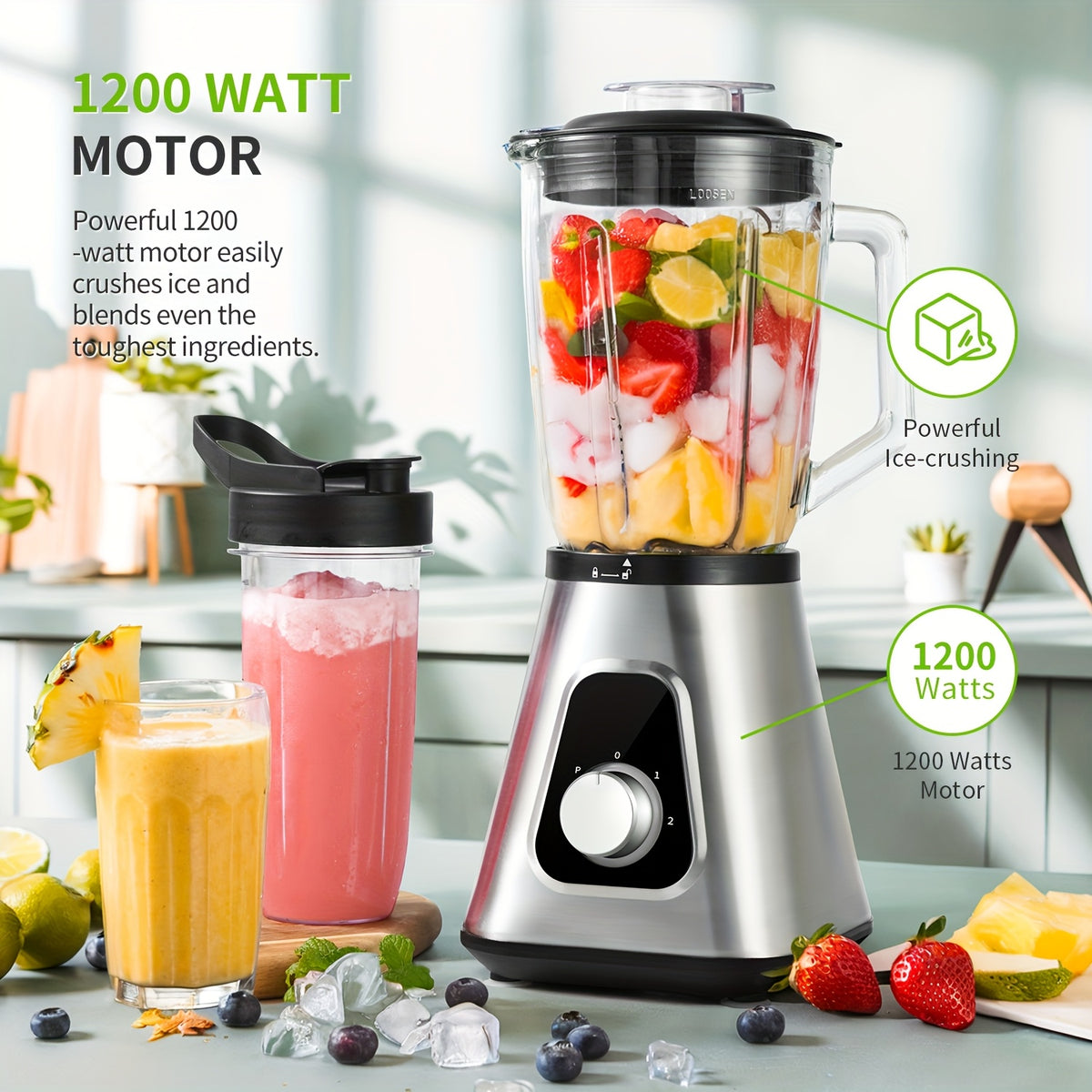 Countertop Blender with 52oz Glass Jar and 22oz Portable Cup, 3-Speed Silvery Kitchen Blender for Smoothies, Milkshakes, Sauces and Fruit Purees