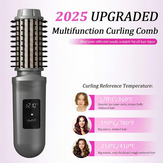 Rechargeable Hair Styling Brush with Cordless 2-in-1 Curler and Straightener Functions, Listed LED Display in White or Grey for Everyday Hair Styling Routines