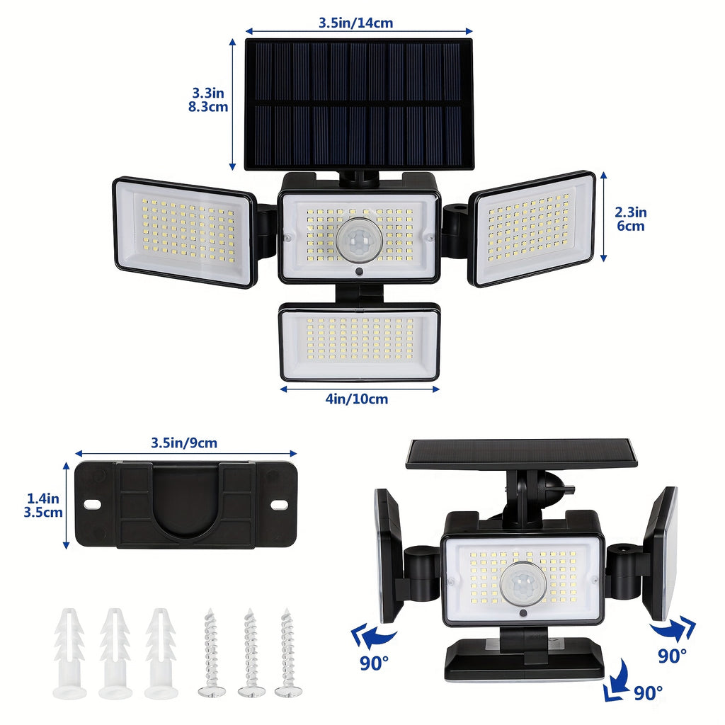 Four-Head Solar Motion Sensor Outdoor Lights, 2-Pack 288 LED Floodlights with Remote Control, 4 Lighting Modes and IP65 Rating for Yard, Patio and Garage