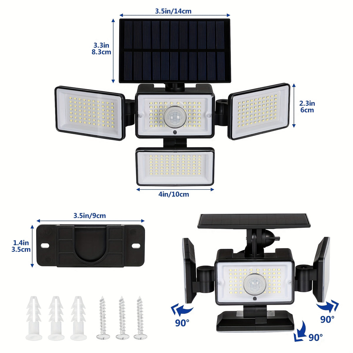 Four-Head Solar Motion Sensor Outdoor Lights, 2-Pack 288 LED Floodlights with Remote Control, 4 Lighting Modes and IP65 Rating for Yard, Patio and Garage