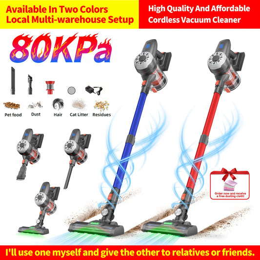 Xinshe WS02 Household Cordless Vacuum Cleaner, 6-in-1 Lightweight Stick Vacuum with 35KPa/80KPa Powerful Suction, Battery Indicator and Green Dust Detection Light, Up to 45 Minutes Runtime for Pet Hair, Hardwood Floors, Carpets and Car
