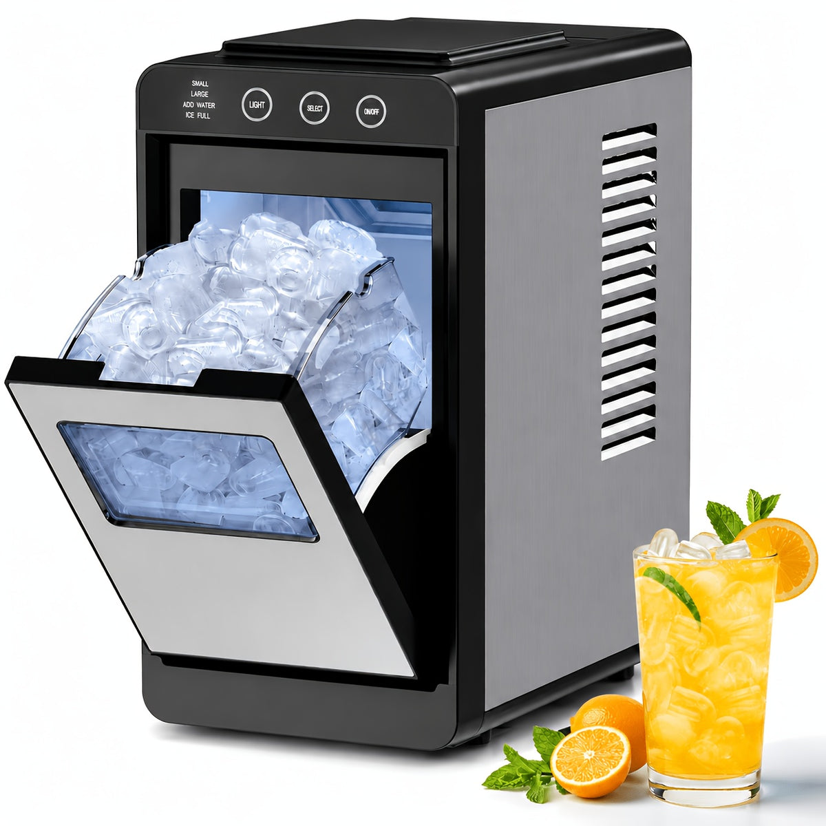 Bullet Ice Maker Countertop, 26 Lbs/24H Portable Ice Maker Machine, Self-Cleaning, Chewable Bullet Ice, One-Touch Operation, Stainless Steel Ice Maker for Kitchen, Office, and Home Bar Use