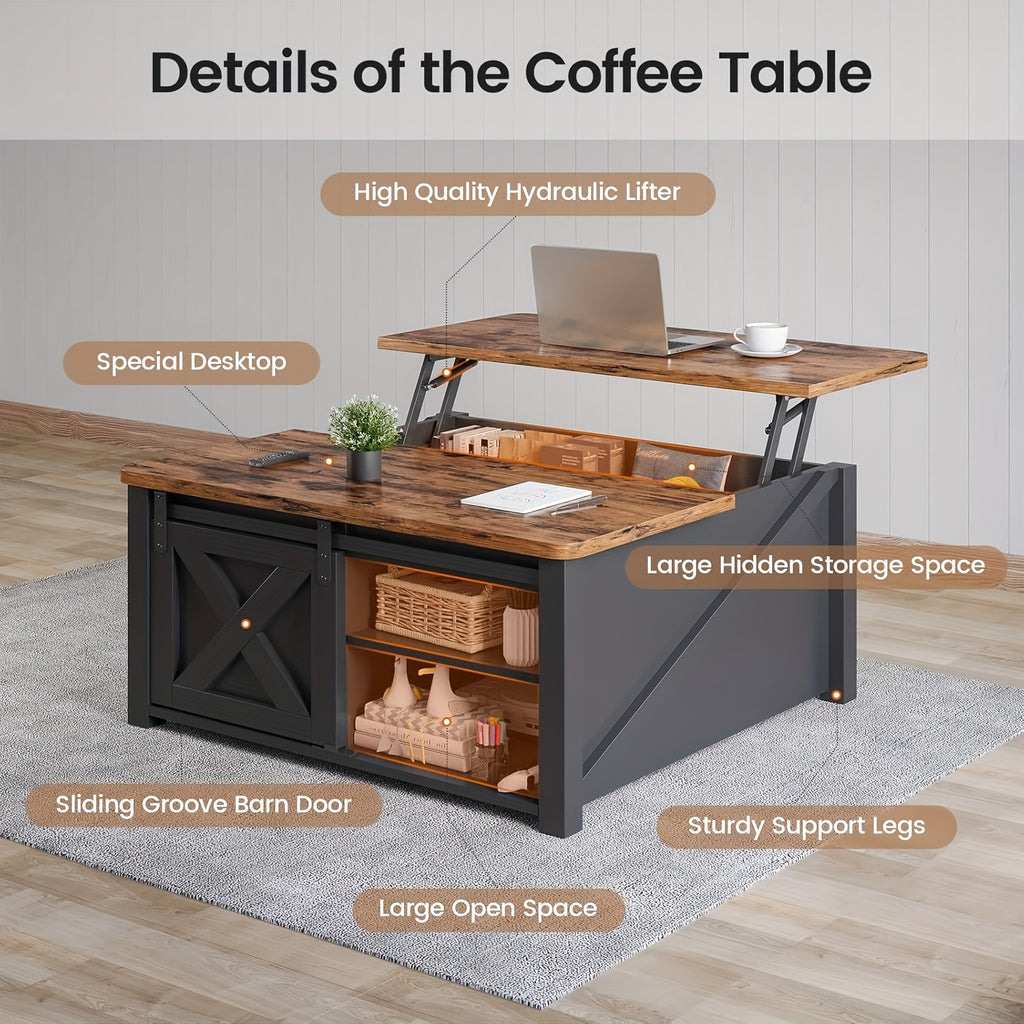 Lift Top Coffee Table with Storage, 31.5-Inch Square Farmhouse Design with Sliding Barn Door, Gas Strut Lift and Adjustable Shelves for Living Rooms
