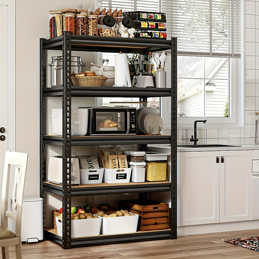 Adjustable Storage Shelving by REIBII with Five Wood-Board Tiers and Black Metal Frame, Garage and Pantry Organizer with Height and Two-Piece Pack Options