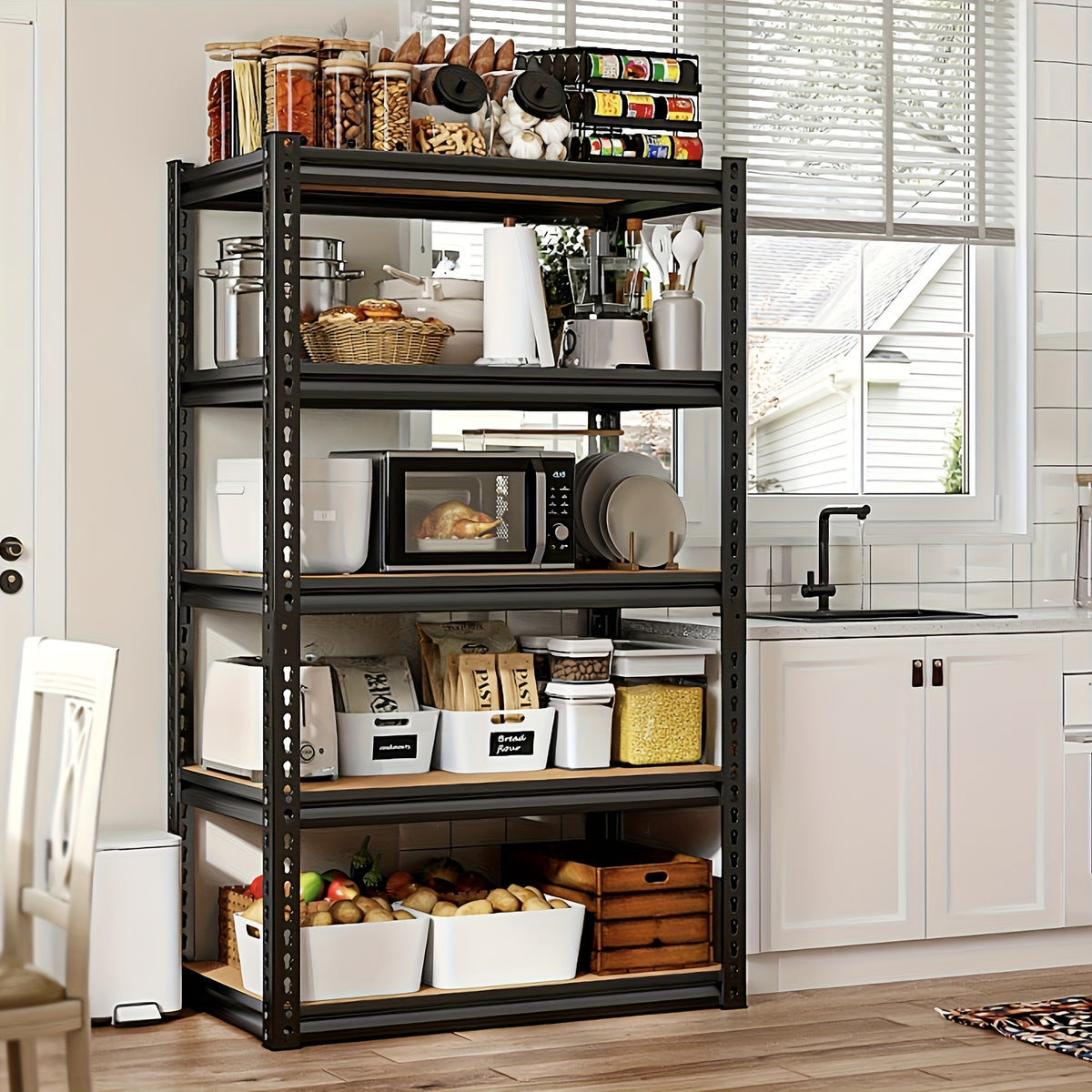 Adjustable Storage Shelving by REIBII with Five Wood-Board Tiers and Black Metal Frame, Garage and Pantry Organizer with Height and Two-Piece Pack Options