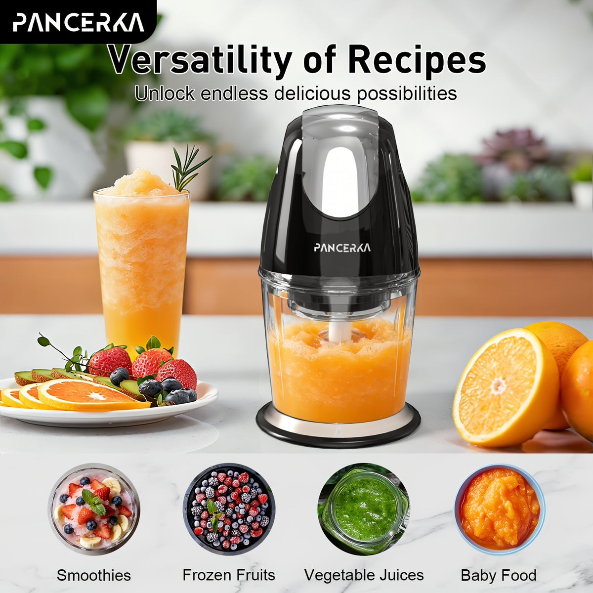 One-Touch Electric Food Chopper by PANCERKA, Listed 20.29oz Capacity with Four Stainless Steel Blades for Compatible Vegetables, Garlic, Fruit and Meat Prep