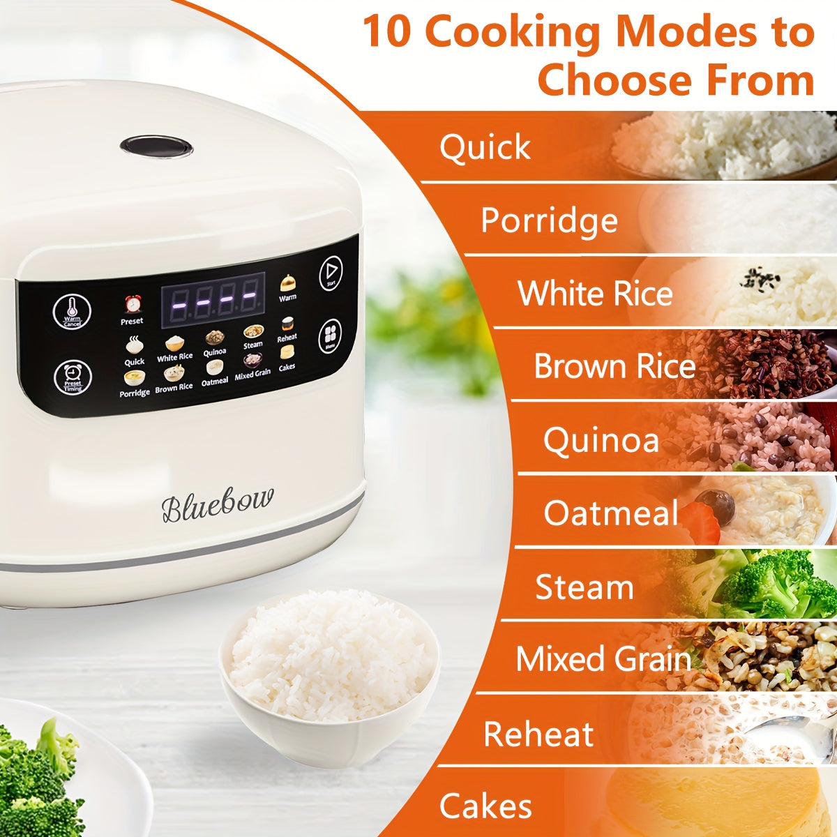 White LCD Rice Cooker by Bluebow with Listed 2L Capacity, Ten Menu Options, Nonstick Aluminum Inner Pot, Automatic Keep Warm and 24-Hour Delay for Small Households