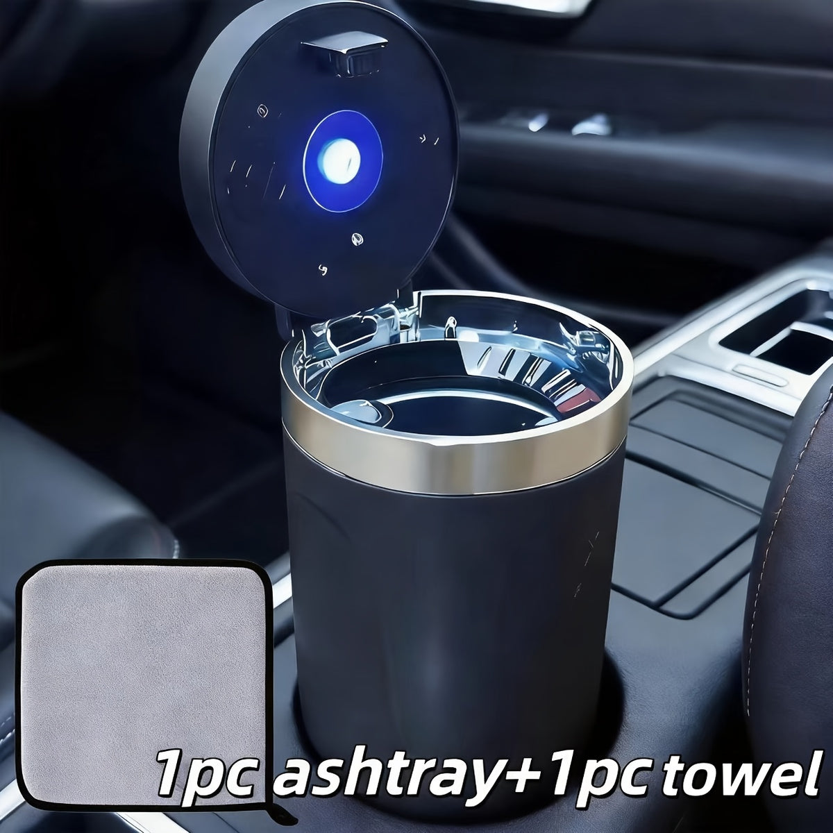 Automatic Car Ashtray with Detachable Cleaning Brushes, Compact Battery-Powered Vehicle Accessory in Black, Blue or Red Single and Paired Option Labels