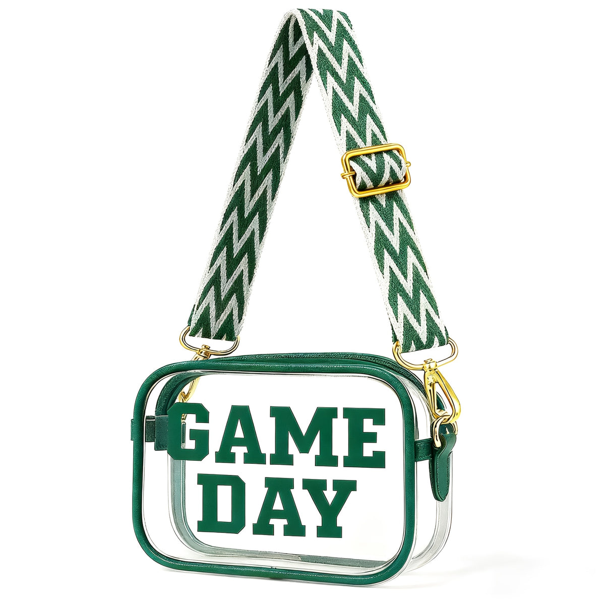 Game Day Clear Purse with Listed Letter Patches and Crossbody Carry Style, Green, Blue, Black, Red or Orange Options for Football Outfits and Concert Plans