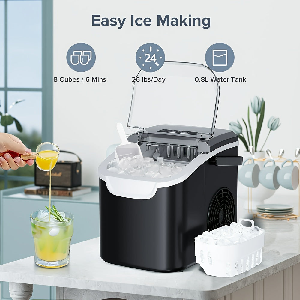 Countertop Bullet Ice Maker in Black, Self-Cleaning Ice Machine with Basket and Scoop for Home Drinks, Listed 9 Cubes in 6 Minutes and 26.5lb Daily Output