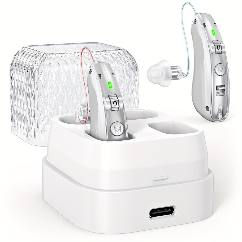 Silver Rechargeable Hearing Aids, Listed One-Pair Behind-the-Ear Devices with Volume Adjustment, Frequency Controls and USB Charging Case for Adult Listening Needs