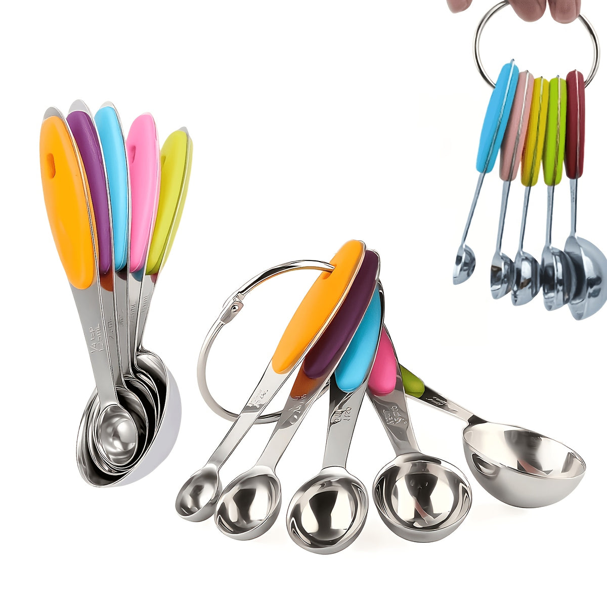 Measuring Spoons with Spare Silicone Handles, Five Stainless Steel Spoons Plus Five Replacement Handles in a 10-Piece Kitchen Cooking and Baking Set