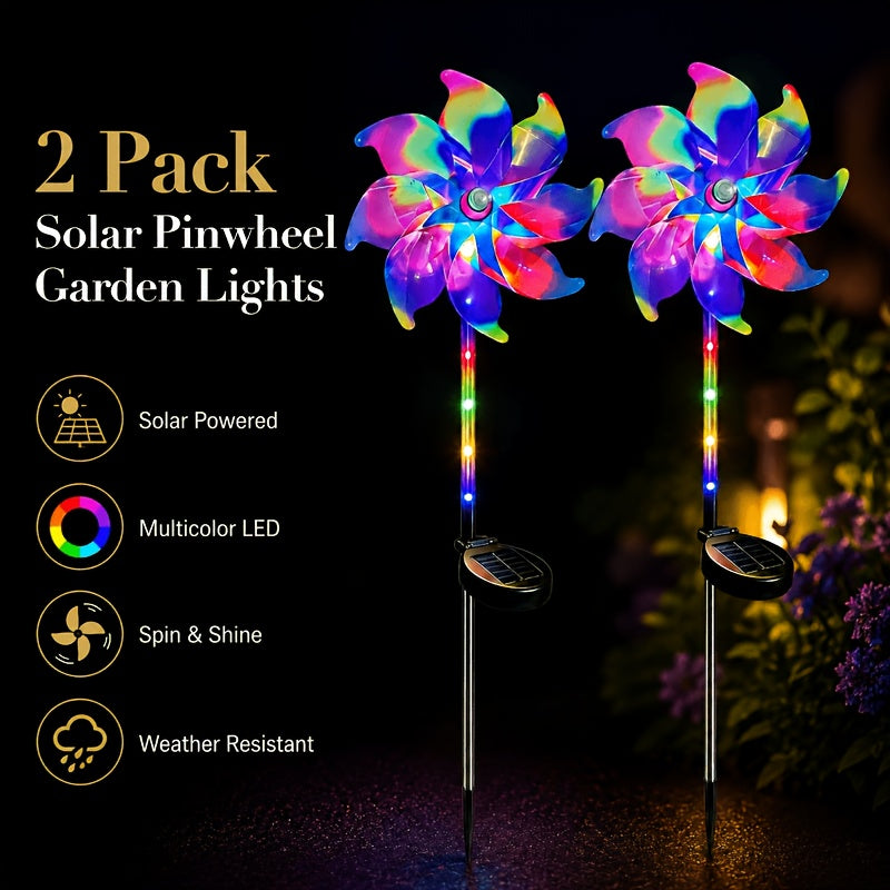 Solar Windmill Garden Lights 2-Pack with Color-Changing and 360-Degree Rotating Design, Colorful Purple or Blue Style Options for Patio and Path Displays