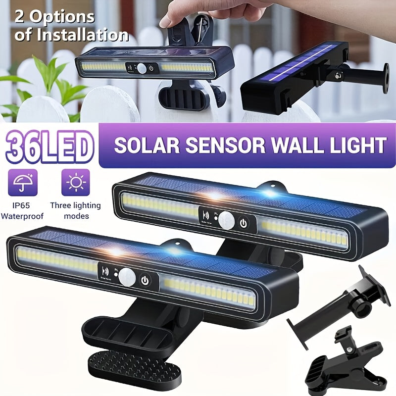 Solar Motion Sensor Light with Clip-On or Wall Mounting and Listed 36 LEDs, One, Two or Four-Pack Options for Outdoor Fence, Courtyard and Camping Lighting