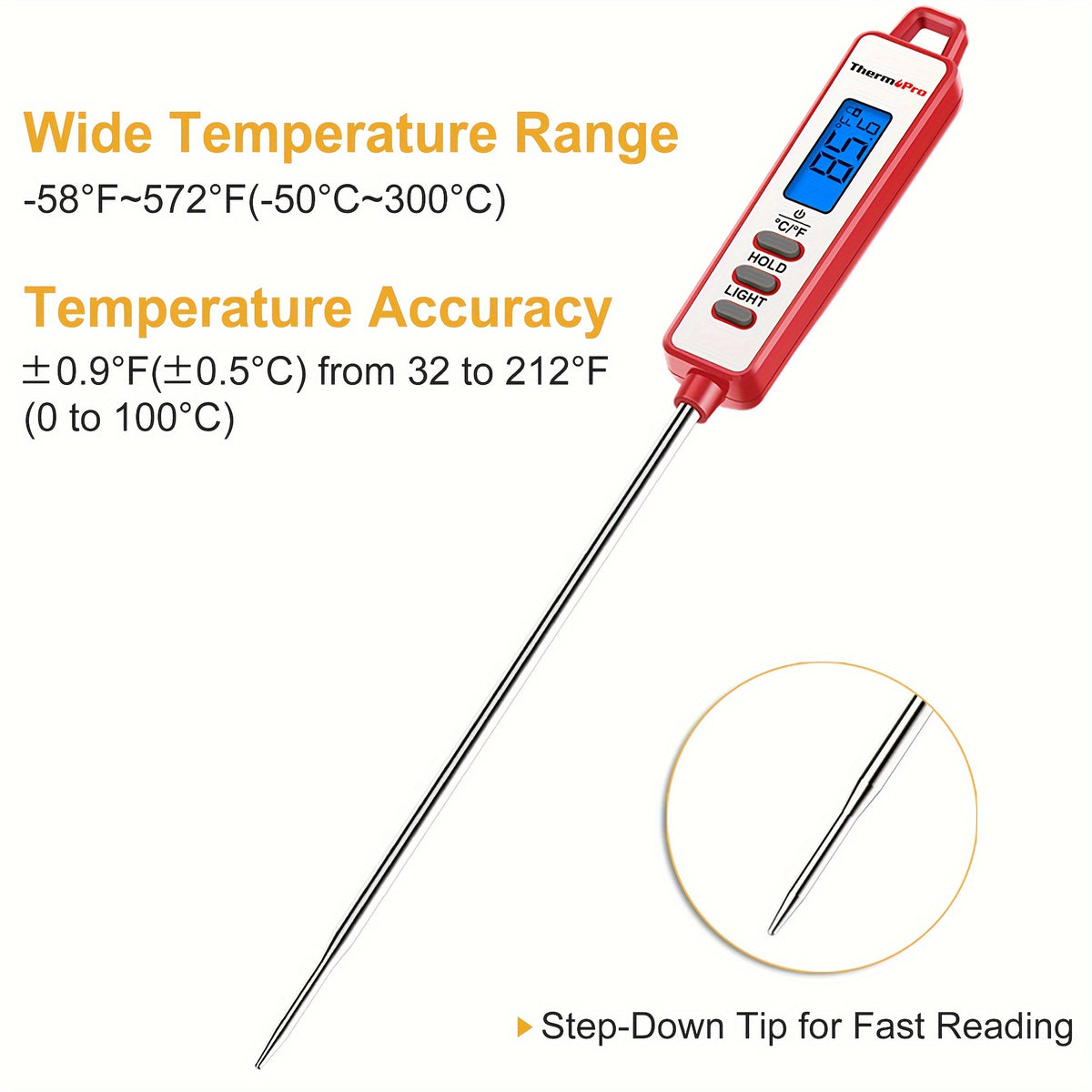 ThermoPro TP01AW Meat Thermometer with Red Backlit Digital Display, Reading Lock and Fahrenheit/Celsius Selection for BBQ, Candy and Kitchen Spot Checks