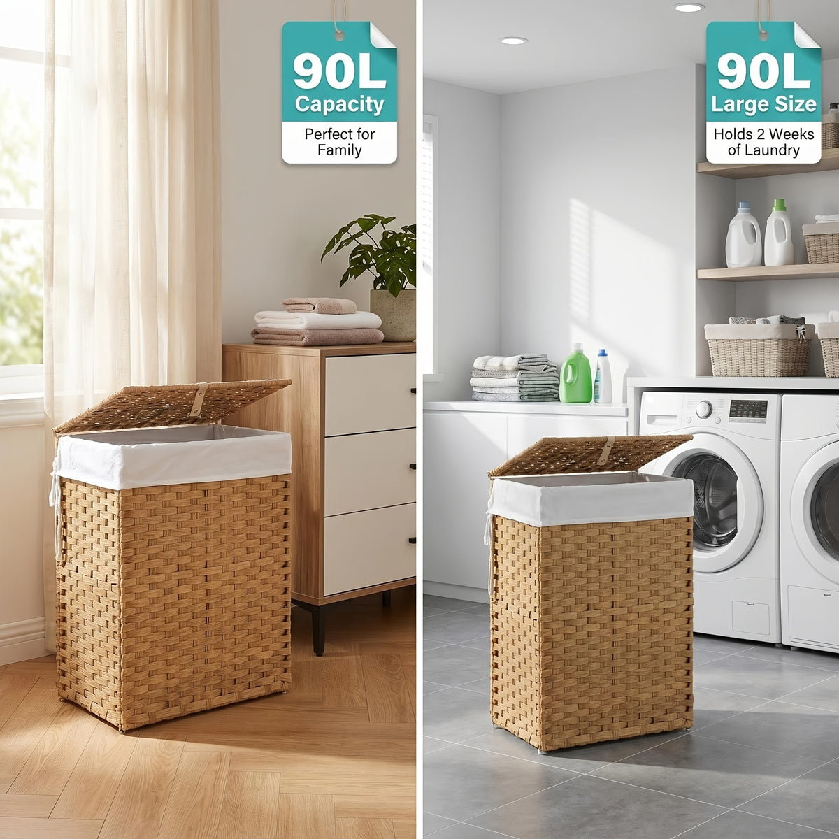 Laundry Hamper with Lid and Detachable Double Inserts, Foldable Clothes Basket in Three Capacity Options for Bedroom, Bathroom and Laundry Room Organization