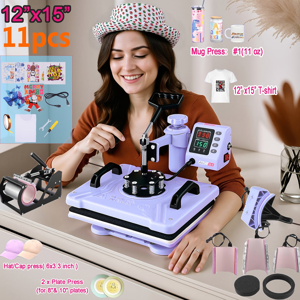 Combo Heat Press Machine with 5-in-1 or 8-in-1 Attachment Sets, 15x15 and 15x12 Inch Options or 12x10 Inch Textile-Only Press for DIY Customization