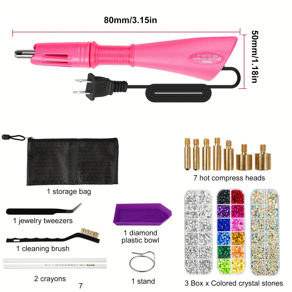 Hotfix Rhinestone Applicator Kit with Seven Tips, Three Listed Stone Boxes, Tweezers and Wax Pens, Purple or Pink Heat Tool for Compatible Fabric Craft Decoration