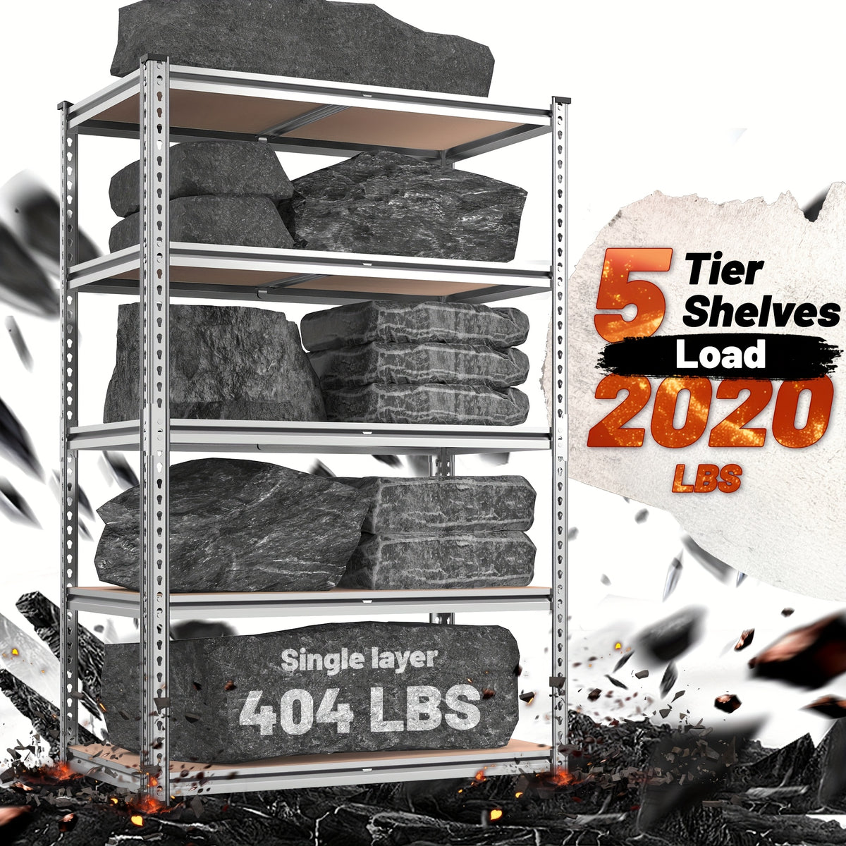 Five-Tier Garage Storage Shelving with Adjustable Shelf Heights, Listed 72-Inch Metal-Frame Rack in Black or Galvanized Options for Pantry and Basement Organization