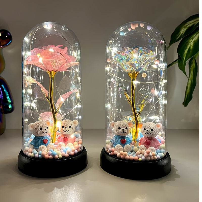 Rose Flower Dome Decoration with Illuminated, Glitter and Colorful Style Labels, Foam Ball Accents and Selected Two-Bear Designs for Tabletop Gifts