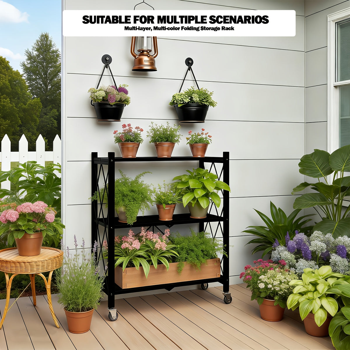 Folding Metal Shelving Unit with Listed Lockable Wheels, 3-, 4- or 5-Tier Storage Rack and Plant Stand in Black, White, Pink or Green for Home Organization
