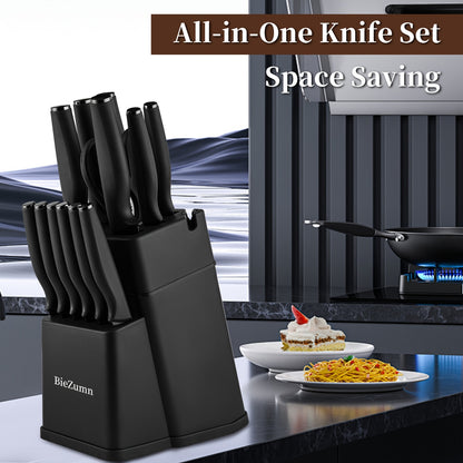 BieZumn Kitchen Knife Set with Black 3-Piece or 14-Piece Options for Everyday Home Cooking, Fruit Preparation and Meal Prep, Multi-Purpose Kitchen Cutlery Selection