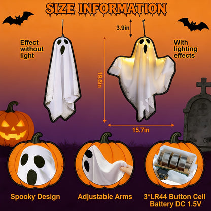 LED Hanging Ghost Decorations 3-Pack, Listed 20-Inch White Polyester Halloween Ghosts for Indoor Parties and Suitable Porch, Tree and Yard Displays