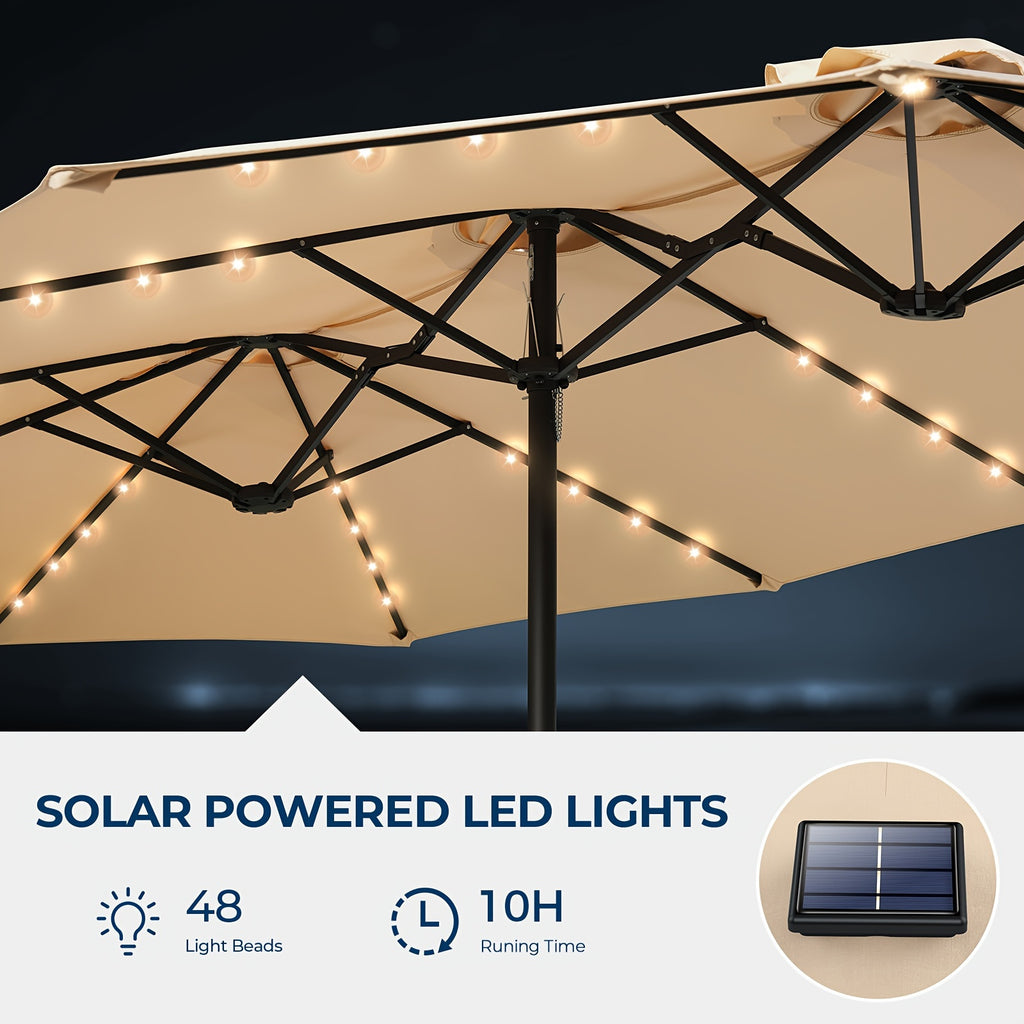 Double-Sided Solar Patio Umbrella with 48 LED Lights, 15ft Outdoor Shade Canopy with Crank Handle, 12 Ribs, Base and Four Sandbags in Blue or Light Blue