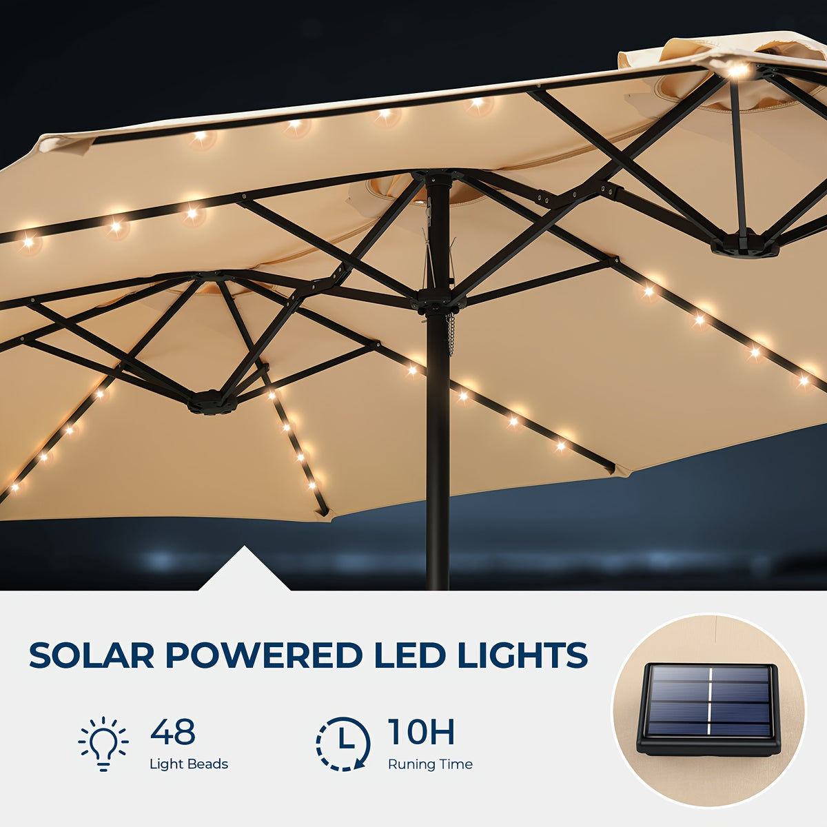 Double-Sided Solar Patio Umbrella with 48 LED Lights, 15ft Outdoor Shade Canopy with Crank Handle, 12 Ribs, Base and Four Sandbags in Blue or Light Blue