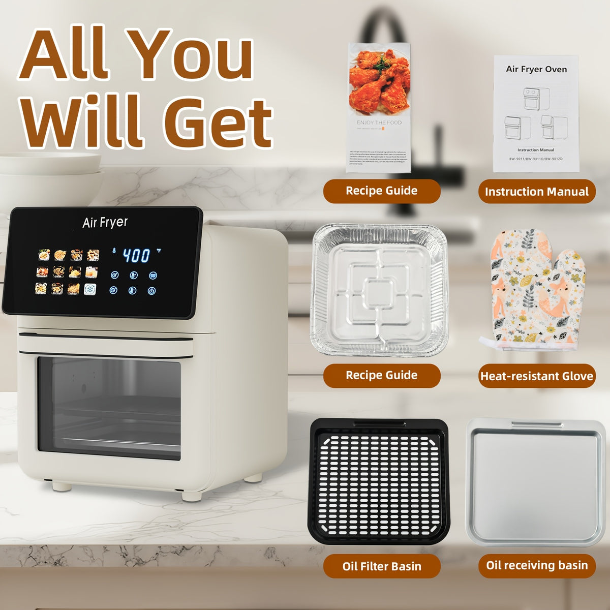 White Air Fryer Oven and Grill Combo with Listed 2.64gal Capacity, 12-in-1 Convection Cooking Design, Glass Viewing Window, Nonstick Basket and Removable Door