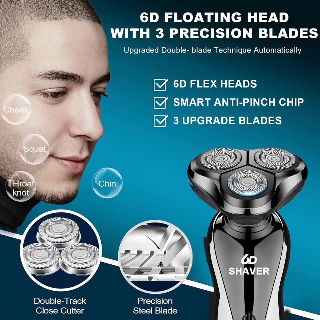 Cordless Electric Shaver for Men in Black with Rechargeable Battery, 3D Floating Cutter Head and LED Display, Single or Two-Piece Grooming Options