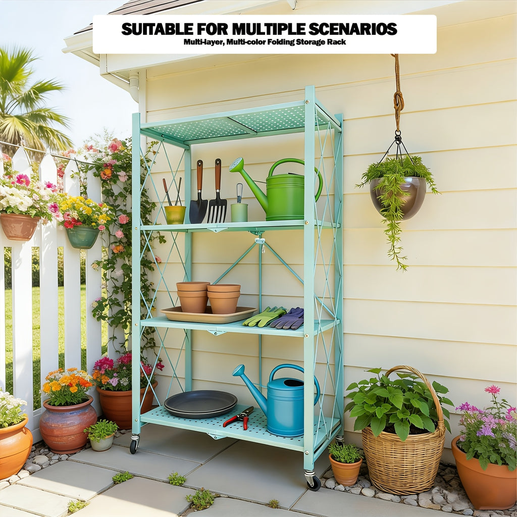 Folding Metal Shelving Unit with Listed Lockable Wheels, 3-, 4- or 5-Tier Storage Rack and Plant Stand in Black, White, Pink or Green for Home Organization