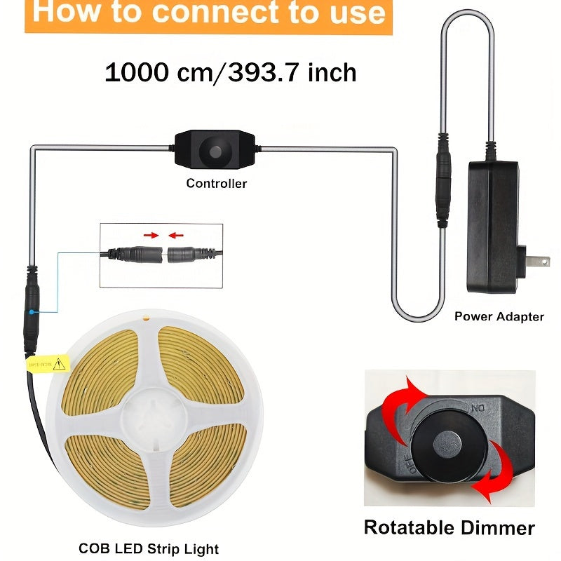 COB LED Strip Lights with Knob Dimmer, 32.8ft 24V Flexible Light Tape in White or Warm White, 8mm Width and CRI92+ for Cabinets, Shelves and Bedroom Accents