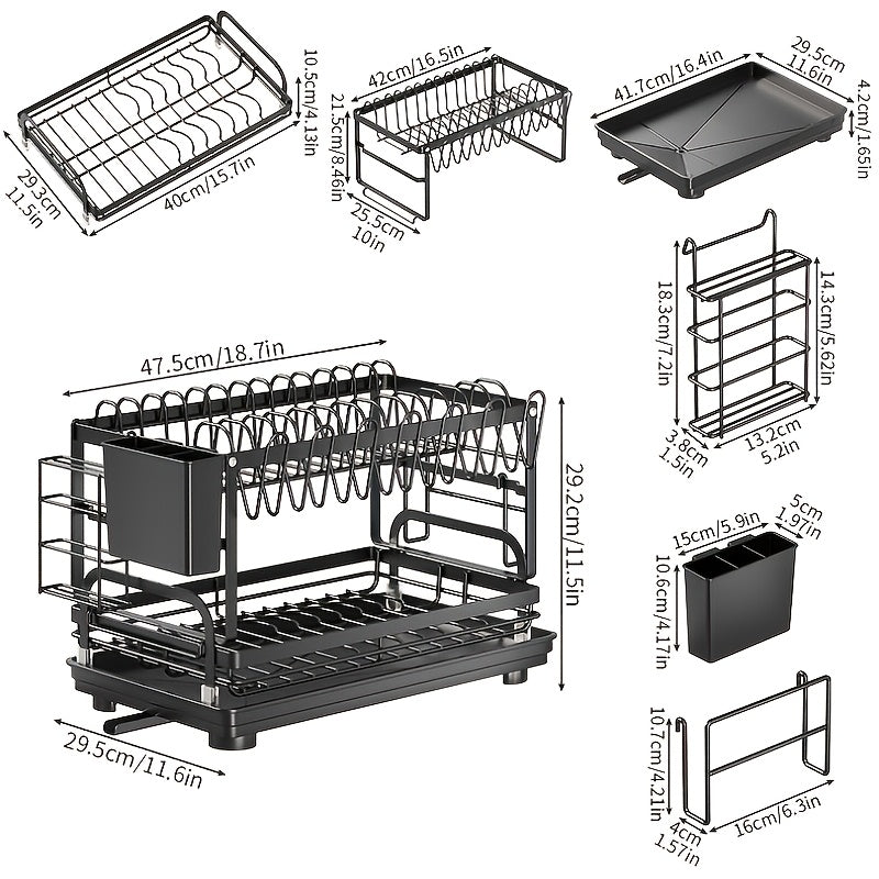 Metal Countertop Dish Rack for Kitchen Tableware Organization, Two-Tier Painted Rack Design with Utensil Holder Reference and Black, Dark Grey or Base Options