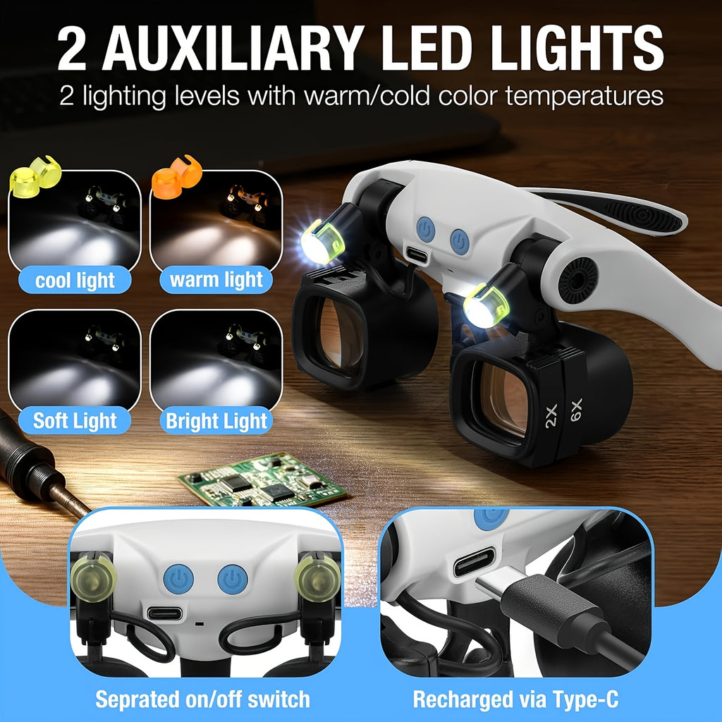 Head-Mounted Magnifying Glass with Light for Watch Repair and Model Making, Interchangeable Lens Design for Hands-Free Detailed Crafts and Hobby Work