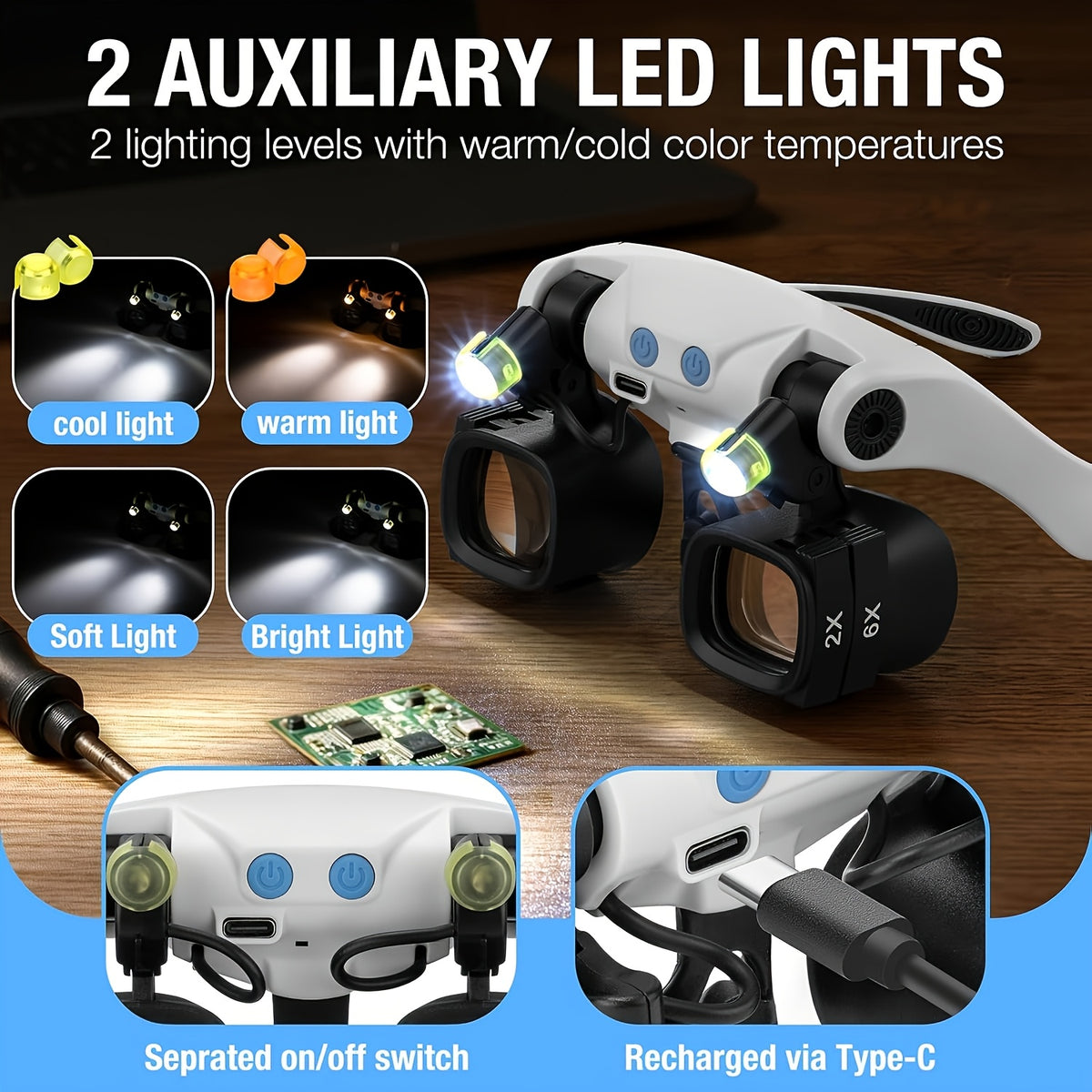 Head-Mounted Magnifying Glass with Light for Watch Repair and Model Making, Interchangeable Lens Design for Hands-Free Detailed Crafts and Hobby Work