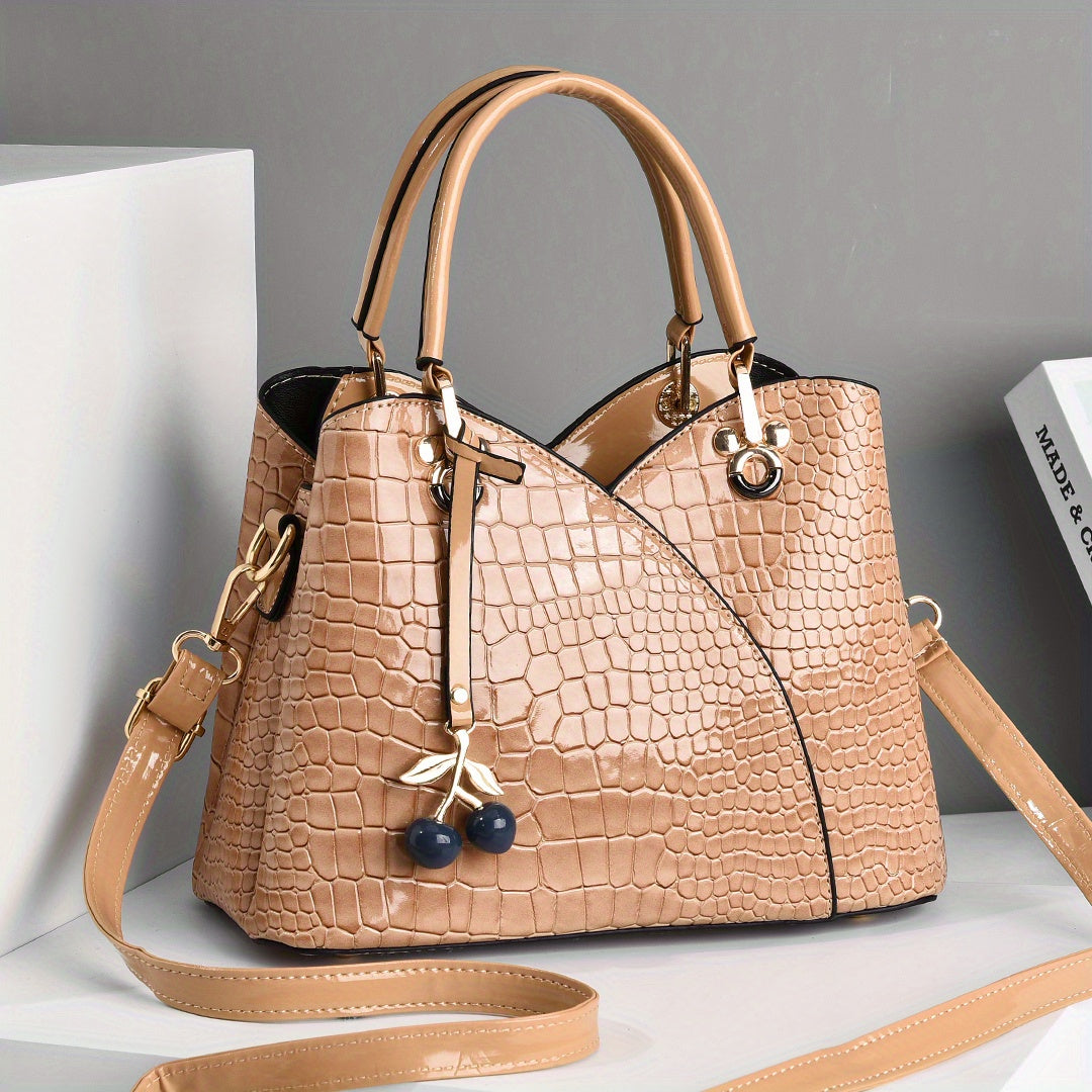 Faux Crocodile Texture Handbag, Women's Burgundy or White Fashion Bag with Cherry Pendant, Zipper Closure and Polyester Lining for Shoulder and Crossbody Styling