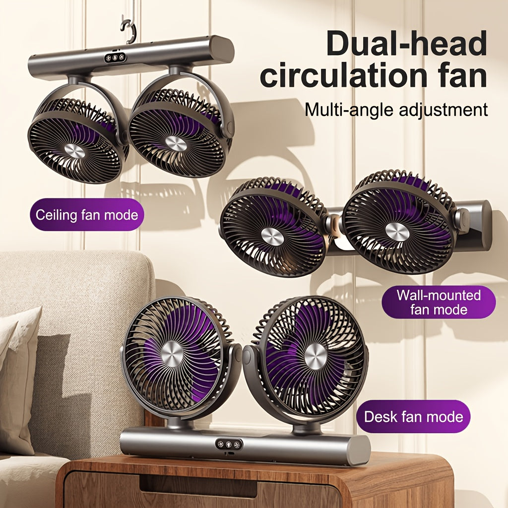 Twin-Head USB Desk Fan with Listed Three-Speed Adjustment, Multi-Angle Airflow and Night Light in Off White or Grey for Home, Office and Camping Spaces