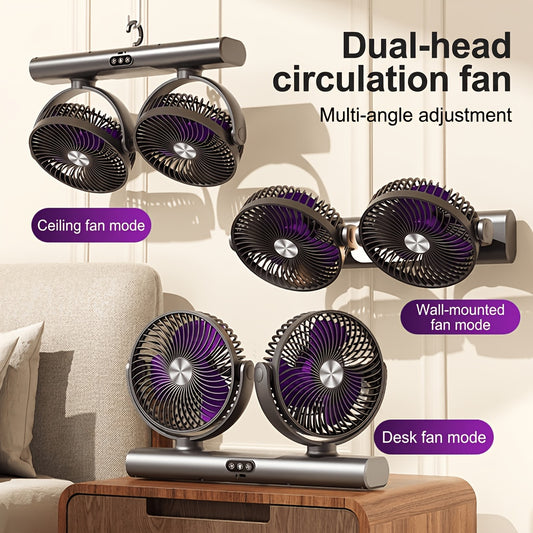 Twin-Head USB Desk Fan with Listed Three-Speed Adjustment, Multi-Angle Airflow and Night Light in Off White or Grey for Home, Office and Camping Spaces