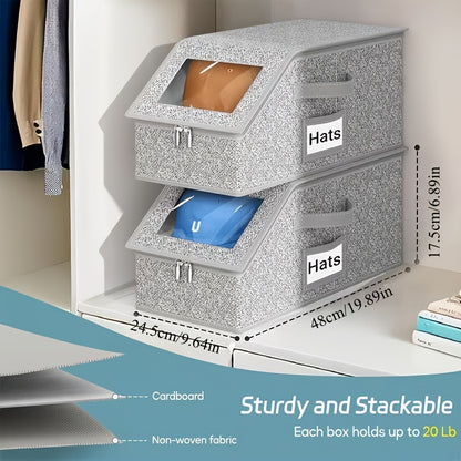 Stackable Baseball Cap Storage Boxes with Clear Viewing Window, Gray Hat Organizers in 2 or 4-Piece Sets for Closet Shelves, Socks and Small Accessories