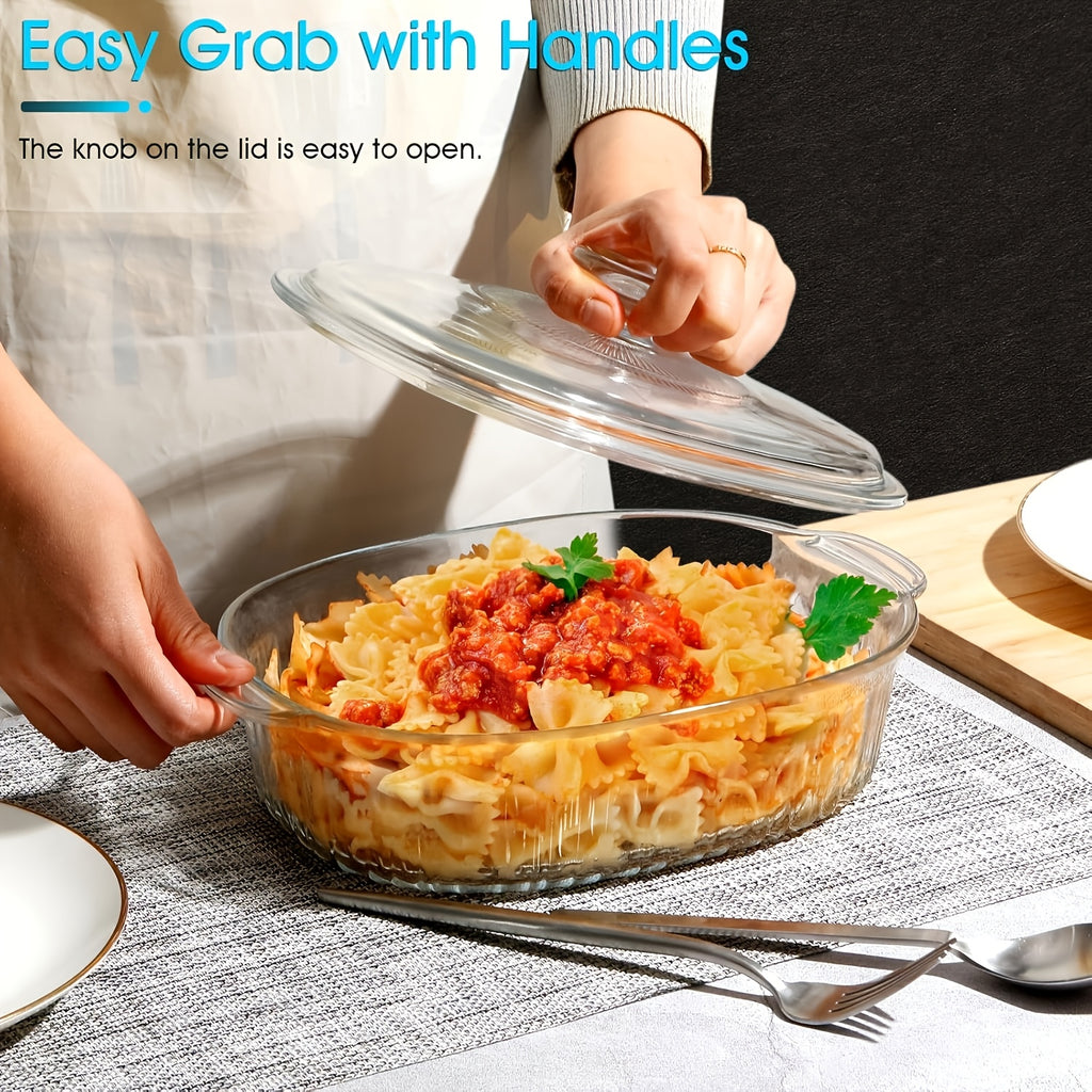 Oval Glass Baking Dish with Lid in 50oz or 85oz Sizes, Deep Transparent Borosilicate Cookware for Pasta, Casseroles, Chicken and Holiday Desserts