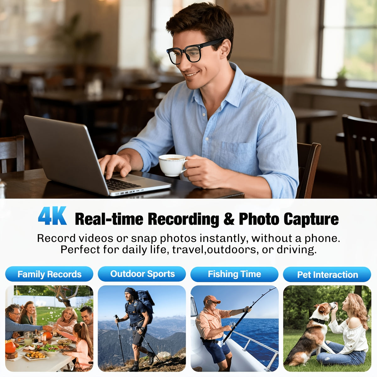 Open-Ear Camera Smart Glasses with Listed 4K Video, Photo Capture, AI Translation and Object Recognition, Bluetooth with Photochromic or Clear Lens Options