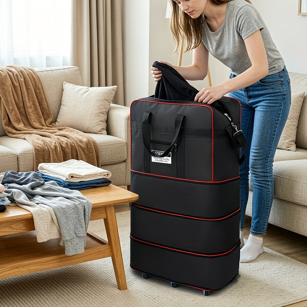 Expandable Nylon Rolling Storage Bag, Foldable Black or Green Travel and Moving Bag with Straight-Line Wheels and Multiple Packing Compartments